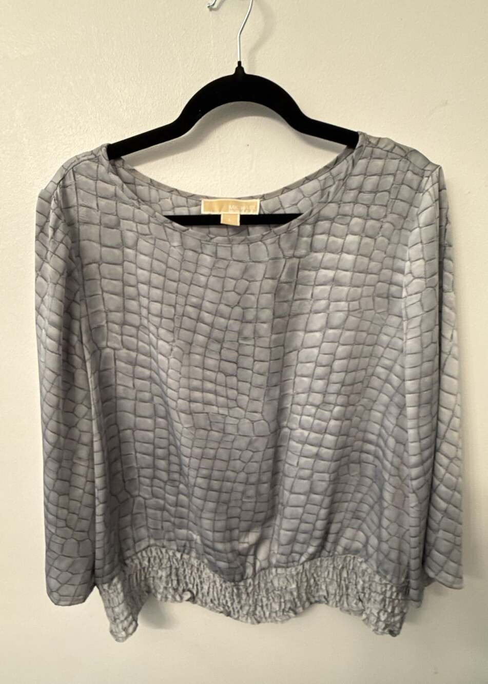 Michael Kors Gray Crocodile Alligator Print Silk Blouse Top Size L
